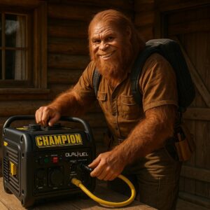 Wattson the Sasquatch smiling while setting up a dual fuel generator outside his off-grid cabin for reliable backup power.