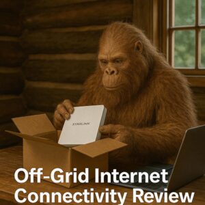 Wattson the Sasquatch unboxing a Starlink off-grid internet device next to his laptop inside a rustic log cabin